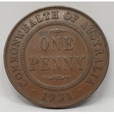 AUSTRALIA 1931 .  ONE 1 PENNY . VARIETY . CURVED BASE LETTERS . INDIAN DIE